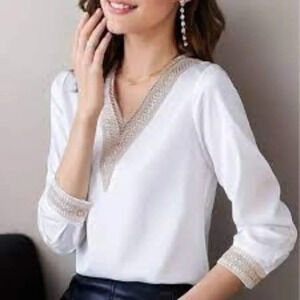 Shein White Embellished V Neck Blouse Top XS